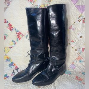 Vintage Black Leather Equestrian Tall Riding Boots Size 9 Italy Lace Up Parrots
